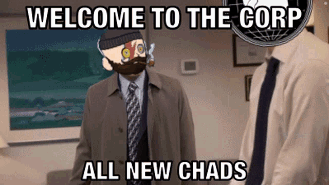 a man in a suit and tie stands in front of a sign that says welcome to the corp all new chas