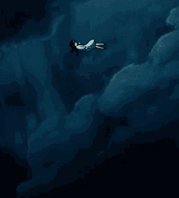 a woman in a white dress is flying through the clouds