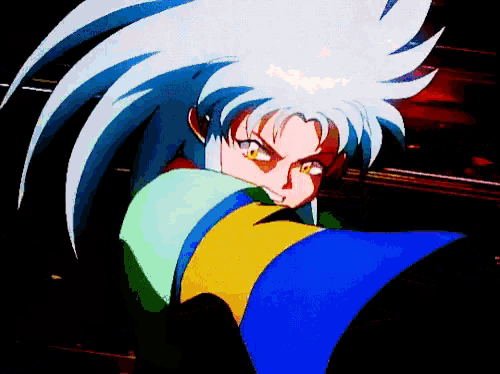 a cartoon character with white hair and a blue and yellow jacket