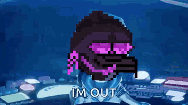 a pixel art drawing of a person with the words im out below it