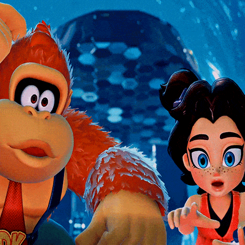a cartoon character named donkey kong and a girl are standing next to each other
