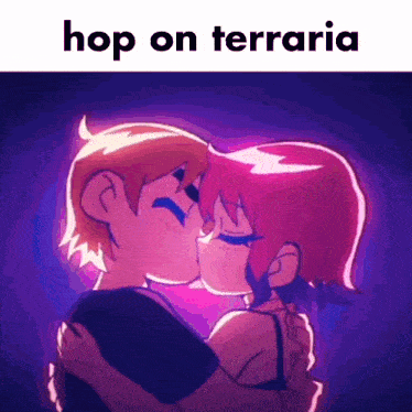a cartoon of a boy and a girl kissing with the words hop on terraria below them
