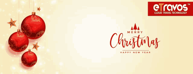 a christmas greeting card with red balls and stars