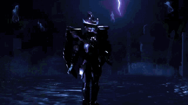 a robot is standing in front of a lightning storm