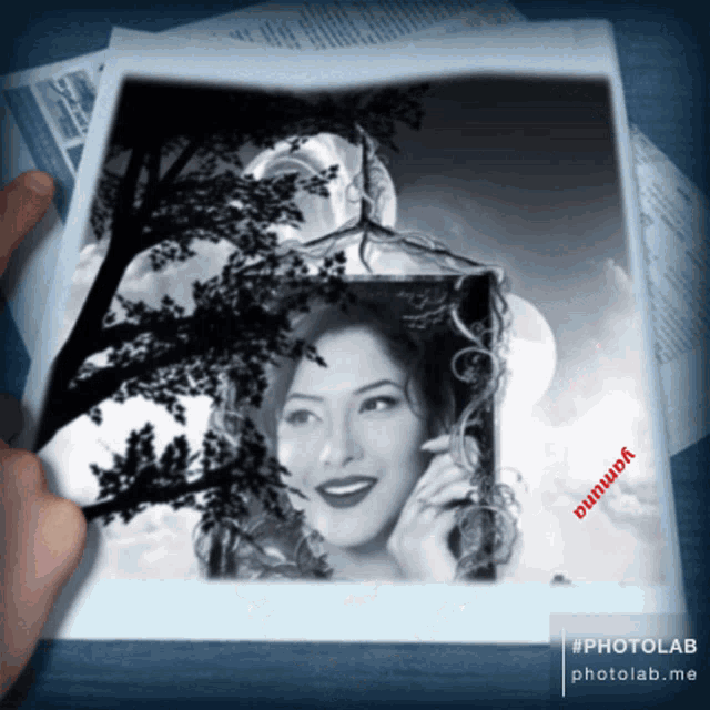 a black and white photo of a woman with the name yununa written on it