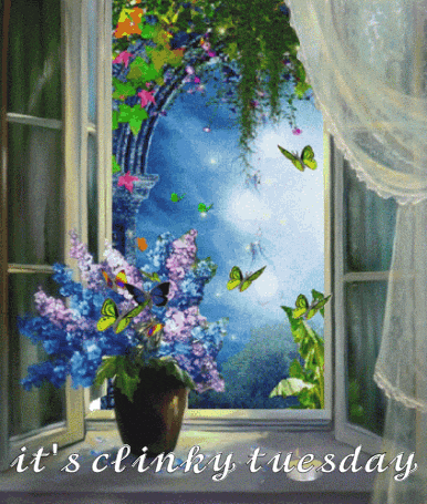a painting of a window with flowers and butterflies and the words it 's clinky tuesday