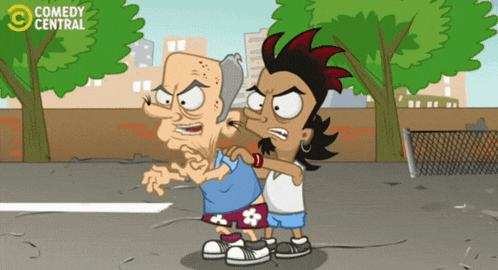 a cartoon of a man and a girl with a comedy central logo