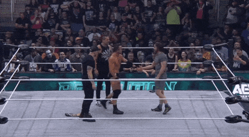 a group of wrestlers are standing in a ring with a sign that says ae on it