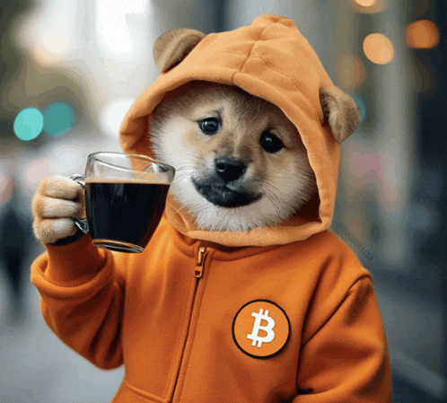 a dog wearing a hoodie with a bitcoin symbol on it