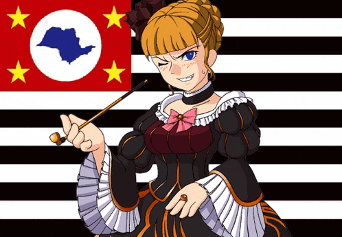 a woman in a black and white dress is holding a cane in front of a flag