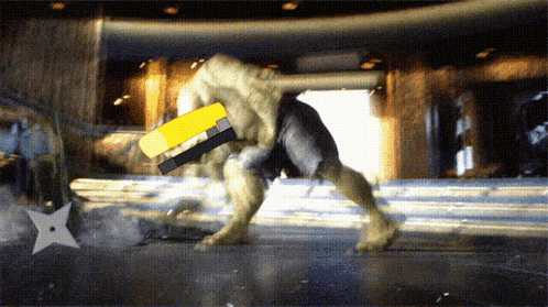 a hulk is holding a yellow pencil and a ninja star is in the foreground