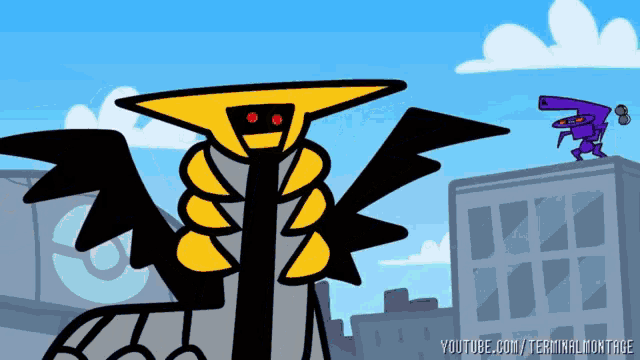a cartoon drawing of a yellow and black monster with red eyes and the words youtube.com/terminalmontage below it