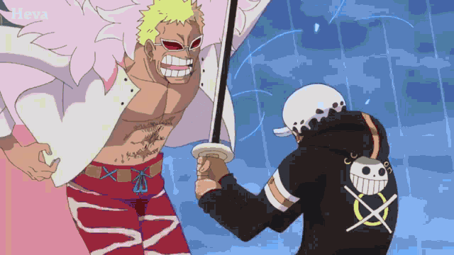 a man with a skull on his back is holding a sword against another man