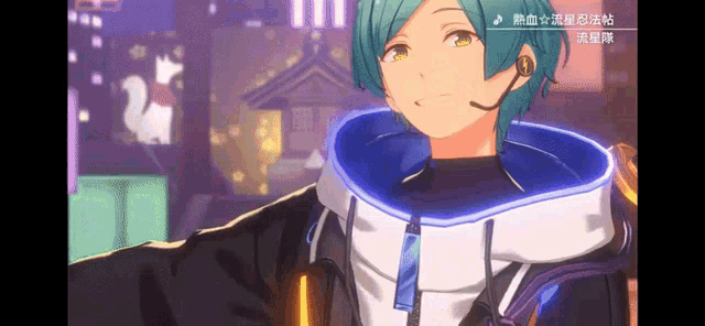 a boy with green hair and yellow eyes is wearing a hoodie with a blue collar