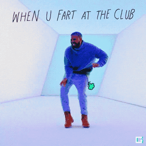 a man is dancing in a room with the words " when u fart at the club " written above him