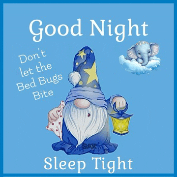a gnome is holding a lantern and says good night