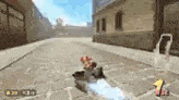 a person is flying through the air in a video game on a brick road .