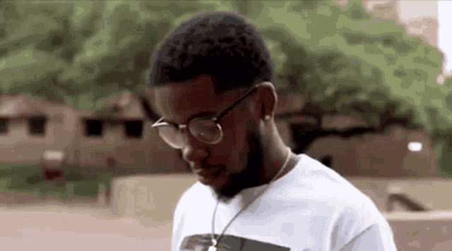 a man wearing glasses and a necklace is standing in a park .