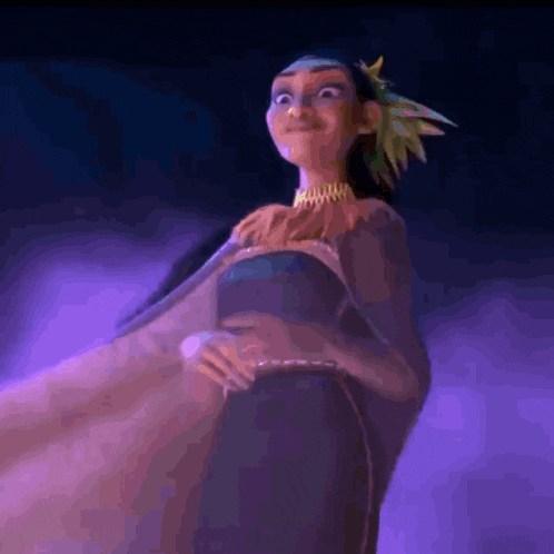 a cartoon character with a purple background and a necklace on her neck