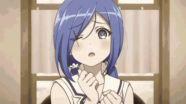 a girl with blue hair is sitting in front of a window with her mouth open