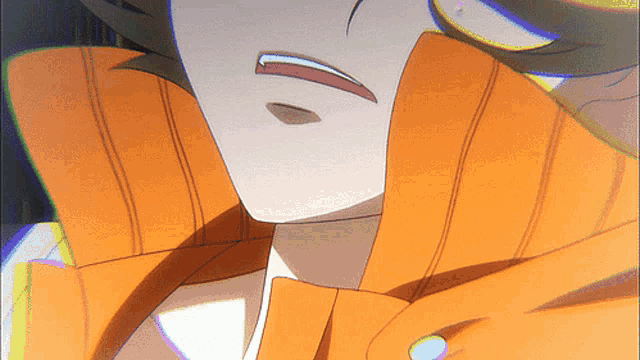 a close up of a person 's face with an orange collar