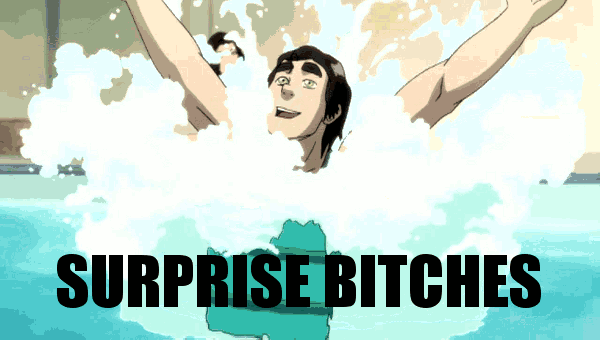 a cartoon of a man splashing in a pool with surprise bitches written on the bottom