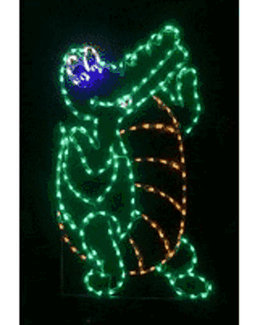 a christmas light display of an alligator with a blue eye