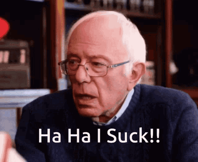 a man wearing glasses says ha ha i suck !