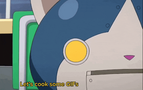 a cartoon character says " let 's cook some gifs " in yellow letters