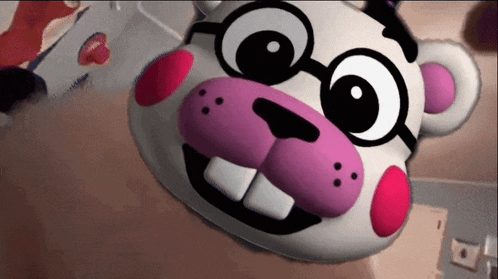 a close up of a cartoon character with glasses and a pink nose