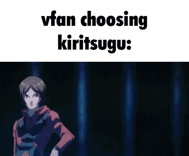 a man in a red jacket with the words vfan choosing kiritsugu