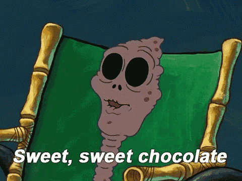 a cartoon character is sitting in a chair with the words sweet sweet chocolate above him