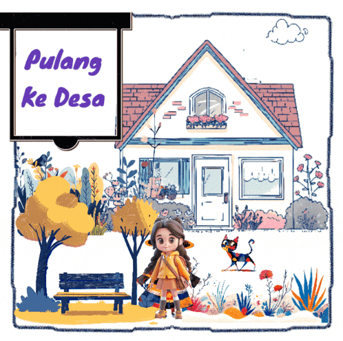 a drawing of a house with a sign that says pulang ke desa above it