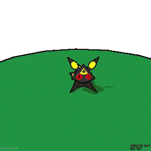 a pixel art drawing of a pokemon fighting a bunch of pokeballs in a field .