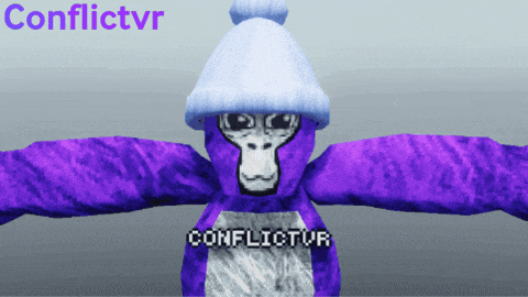a purple gorilla wearing a white hat and sunglasses with conflictvr written on it