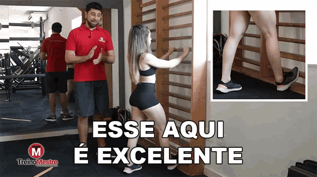 a man in a red shirt stands next to a woman in black shorts and the words esse aqui e excelente