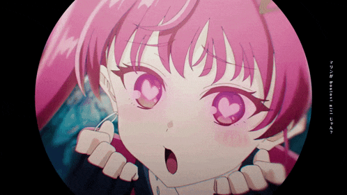 a close up of a pink anime girl with a heart in her eye