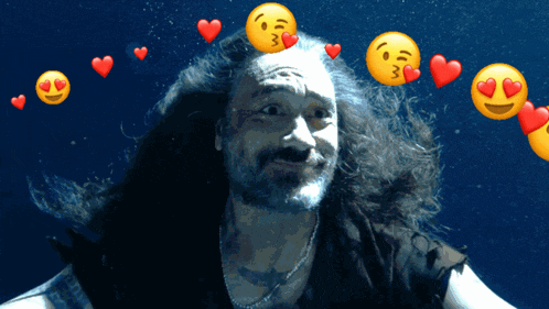 a man with long hair is surrounded by hearts and kissing emojis