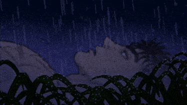 a drawing of a man laying in the rain with his eyes closed