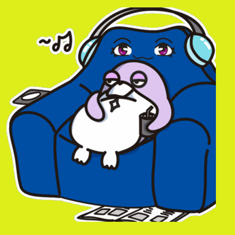 a cartoon character wearing headphones sits on a blue chair