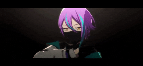 a girl with purple hair and blue streaks has a black mask on her face