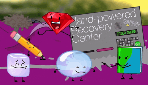 a hand-powered recovery center sign with cartoon characters standing around it