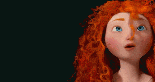 a cartoon character with red hair and blue eyes is looking up