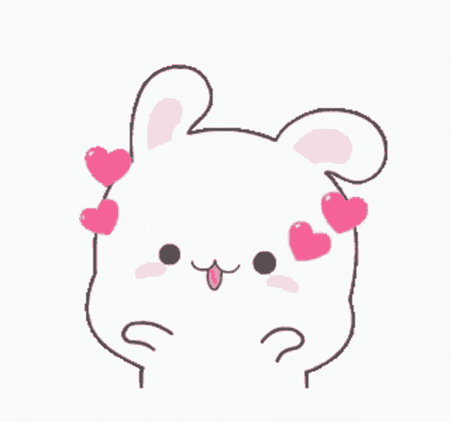 a cartoon rabbit with pink hearts on its ears and a tongue sticking out .