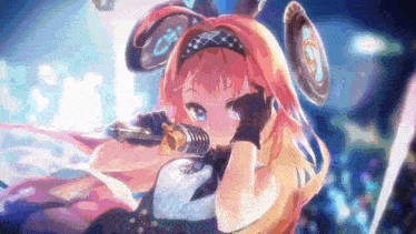 a girl with bunny ears is singing into a microphone .