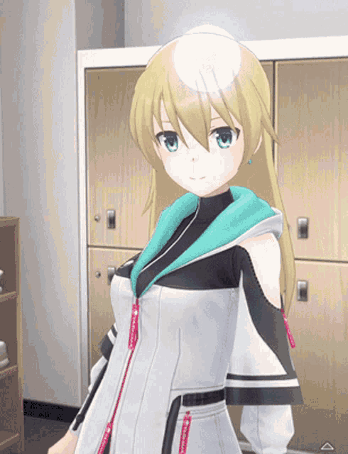 a girl with blonde hair and blue eyes is standing in front of a locker