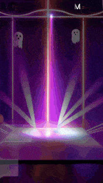a purple background with two ghosts and the letter m on it
