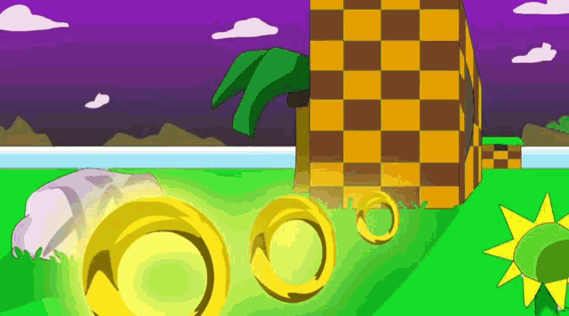 a cartoon scene with a checkered building and rings