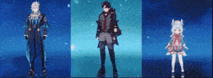 three anime characters are standing next to each other in front of a blue background .