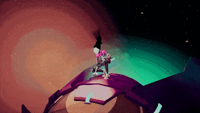 a pixel art image of a person standing on top of a purple object